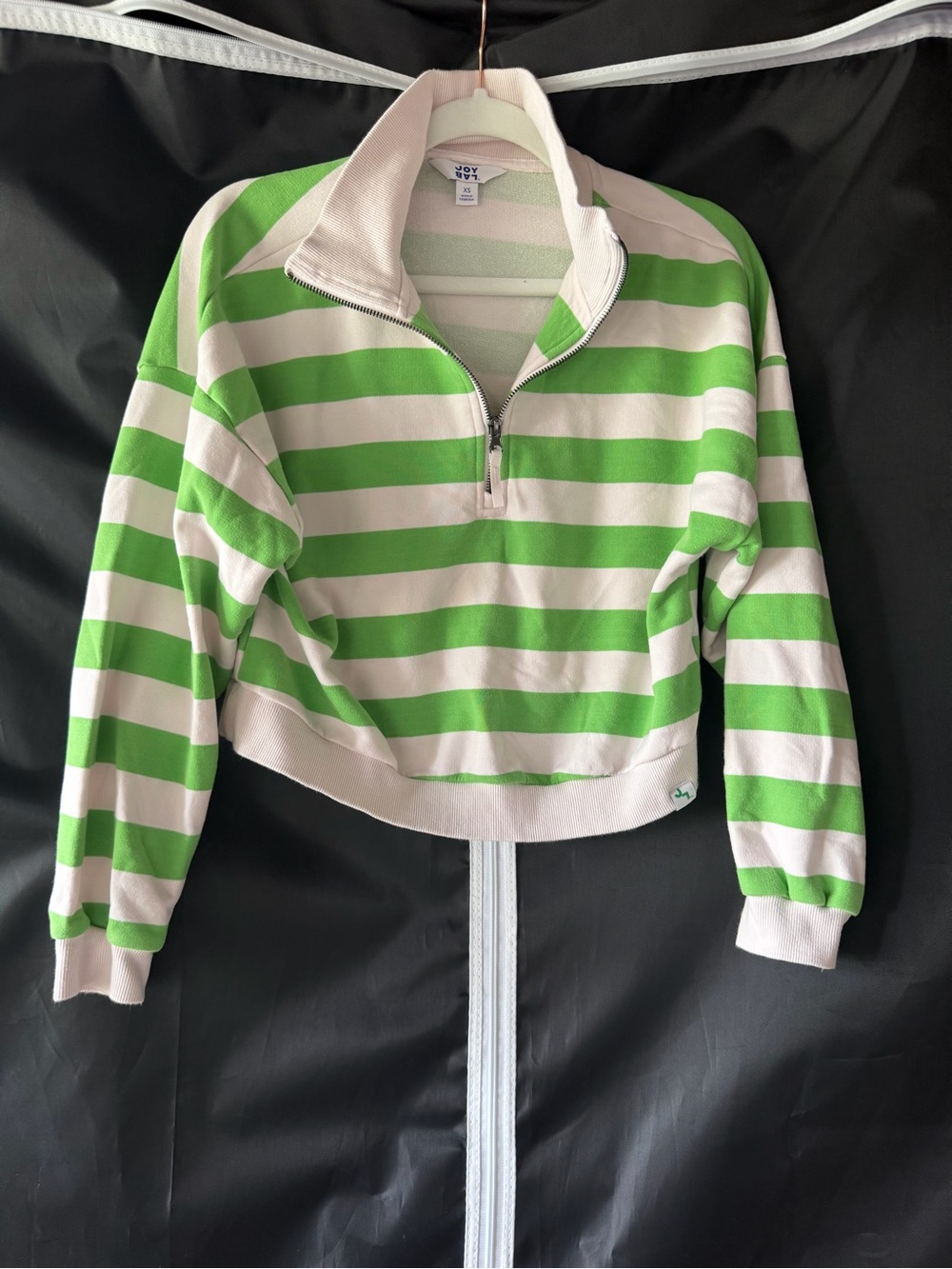 JoyLab Cropped Quarter Zip Sweatshirt | Green & White Striped | Women’s XS
